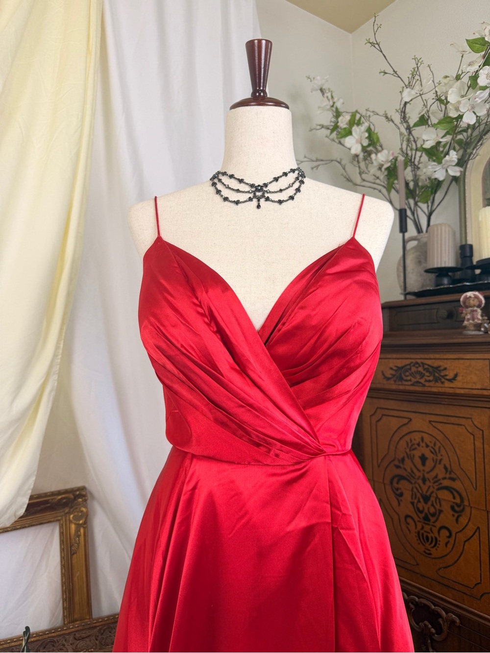 Sherri Hill Red Satin Evening Gown - Sleeveless Spaghetti Strap Dress - Prom - Picture 5 of 8